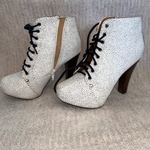 white polk a dot boot heels